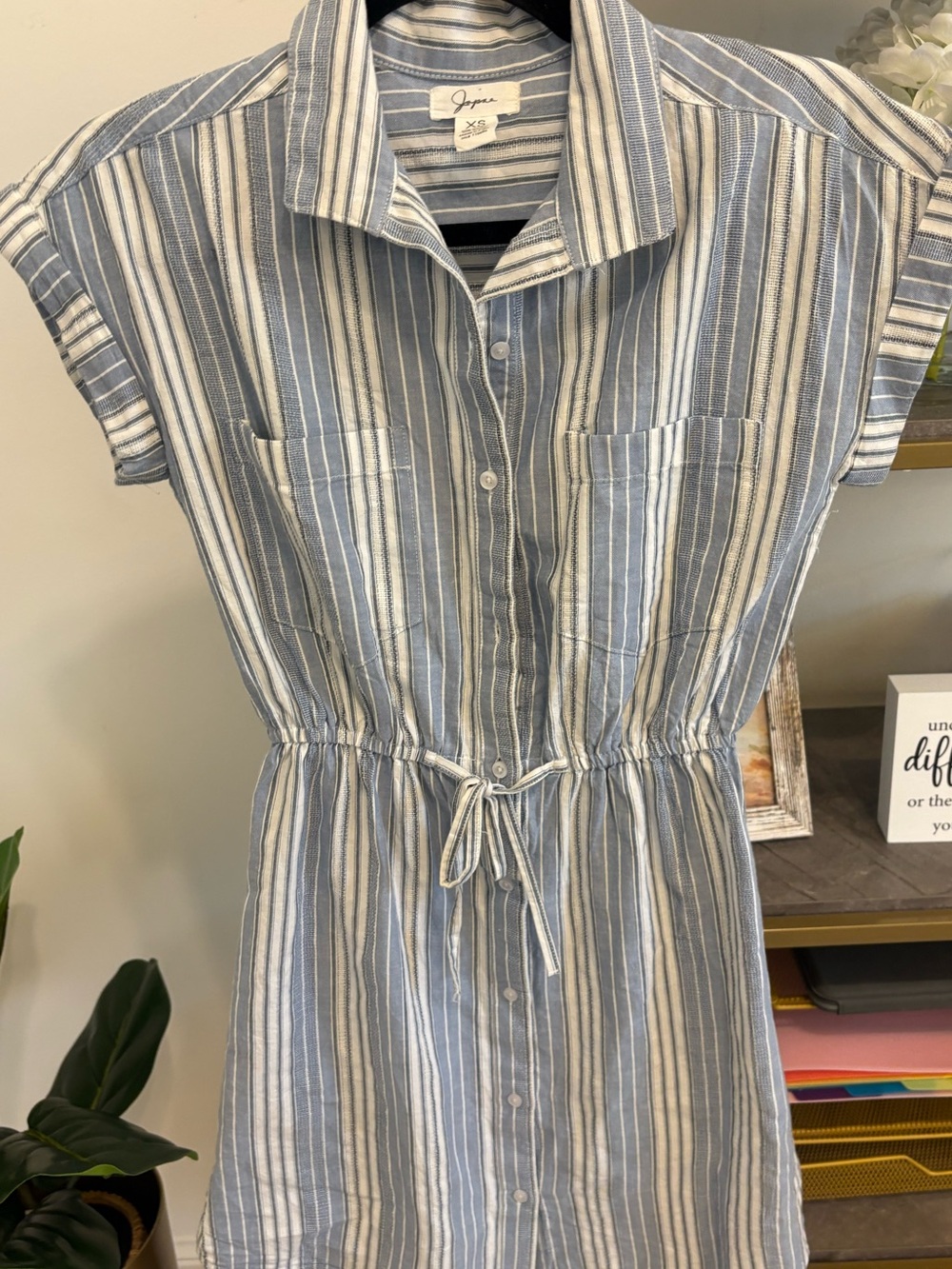 Blue & White Striped Drawstring Midi Shirt Dress